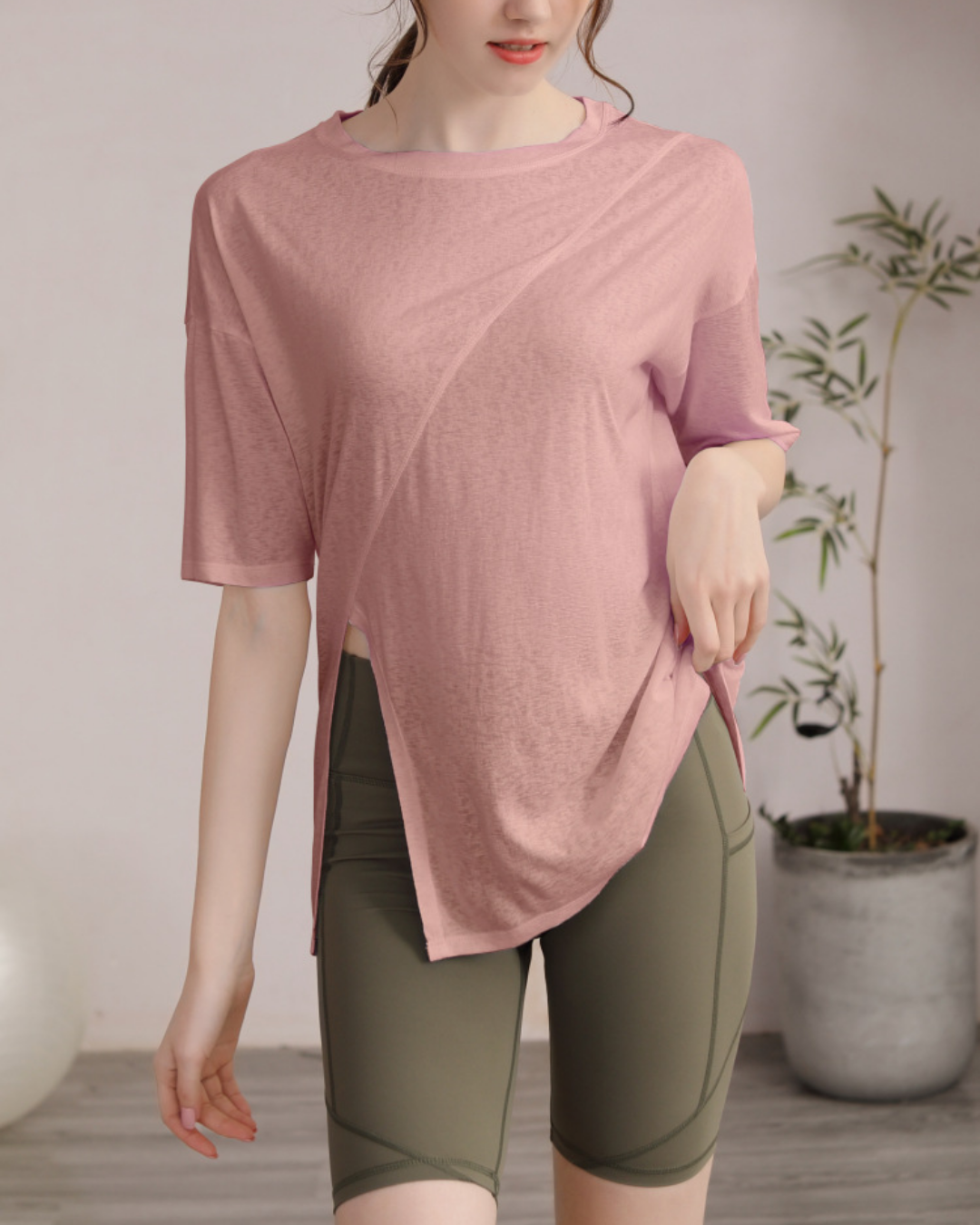 サイドスリットハーフスリーブヨガカットソー 3822