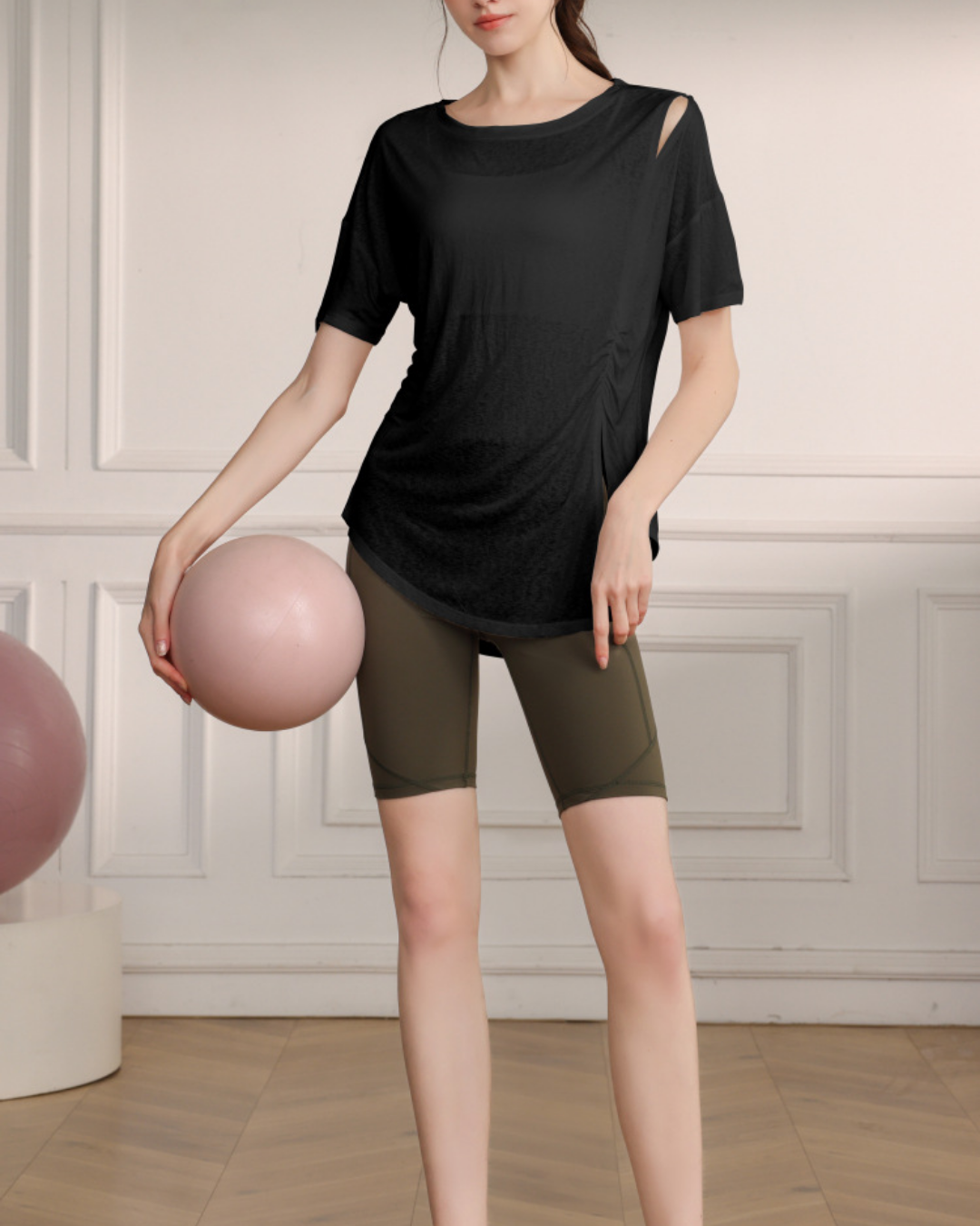 くすみハーフシアーショルダーカットアウトヨガT 3821