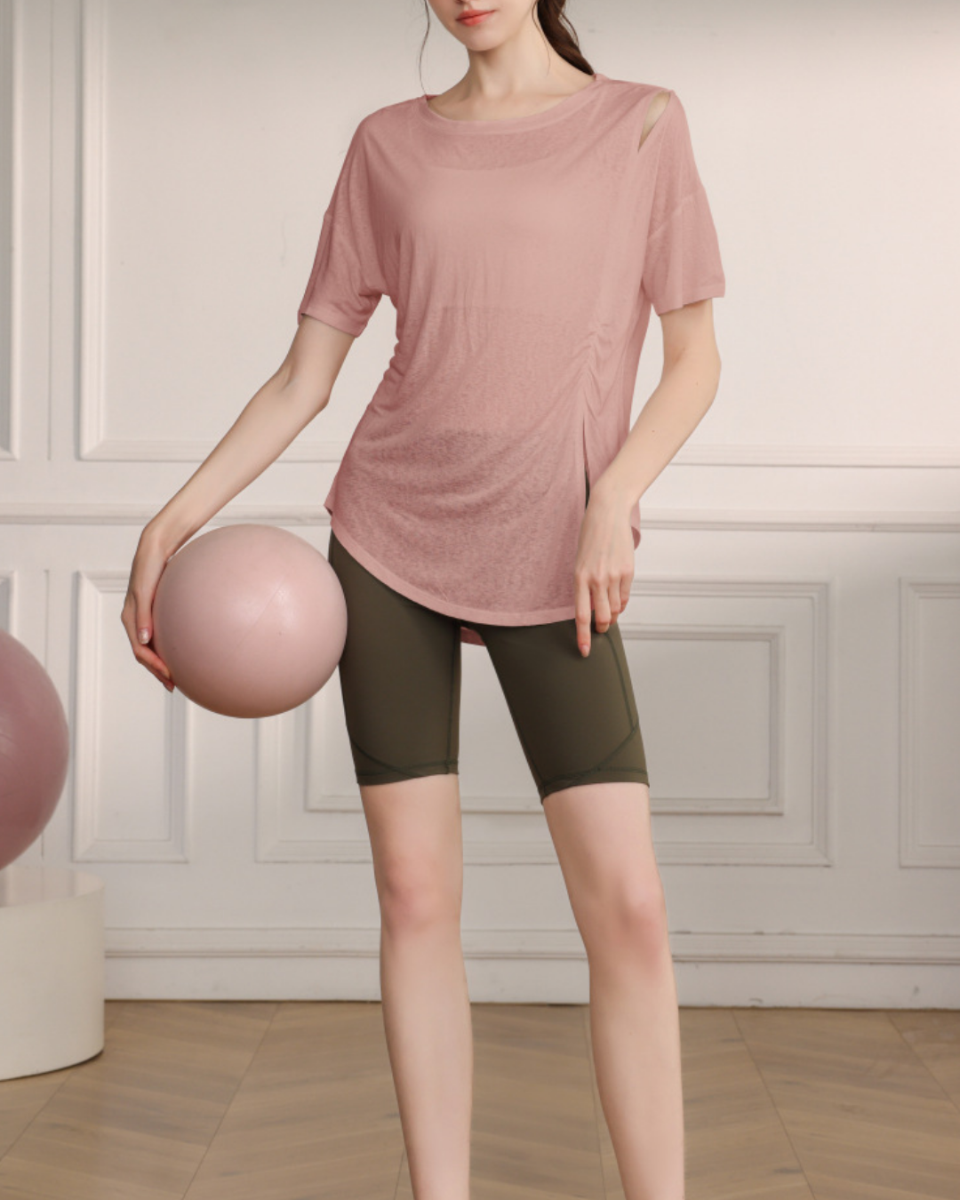 くすみハーフシアーショルダーカットアウトヨガT 3821