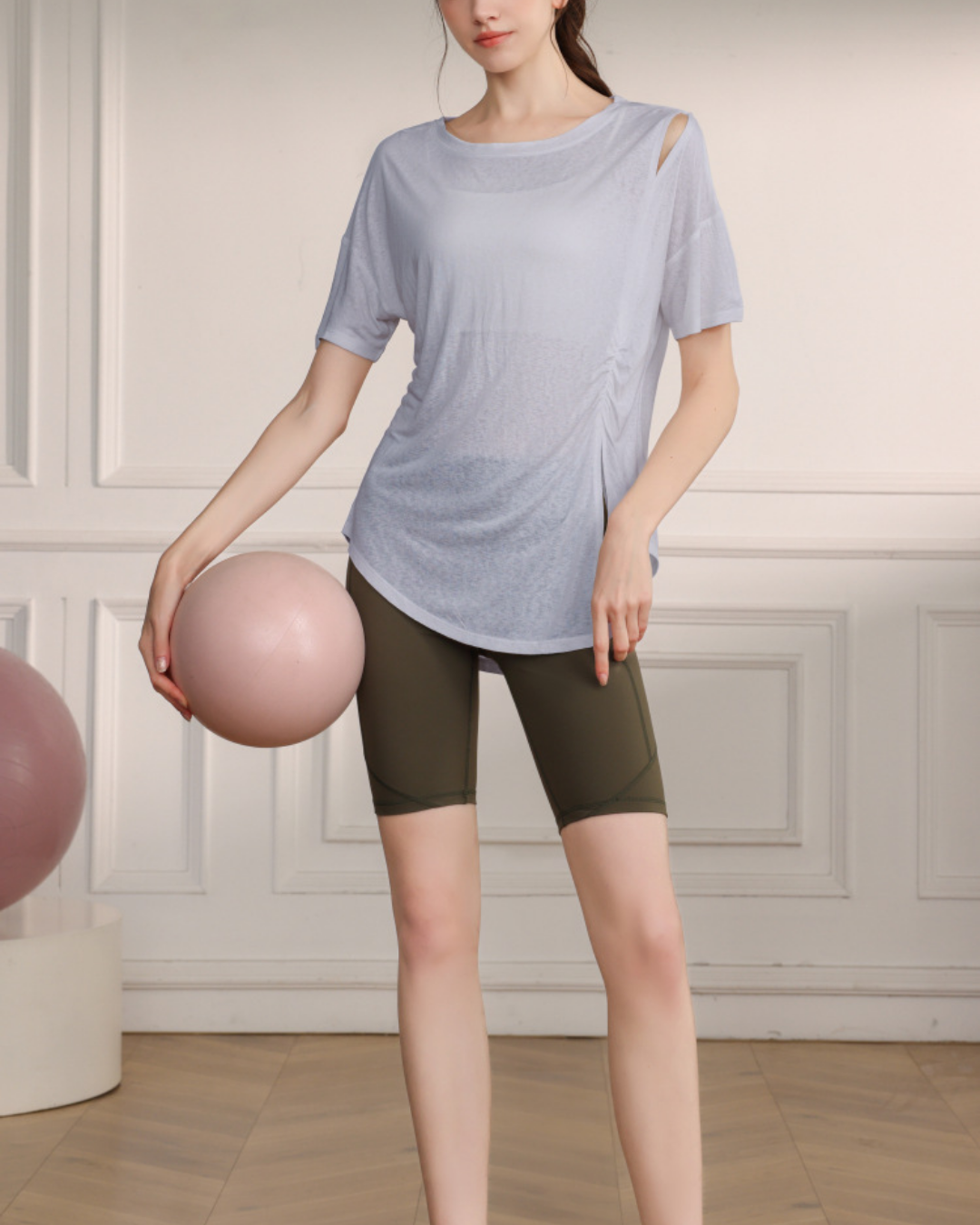 くすみハーフシアーショルダーカットアウトヨガT 3821