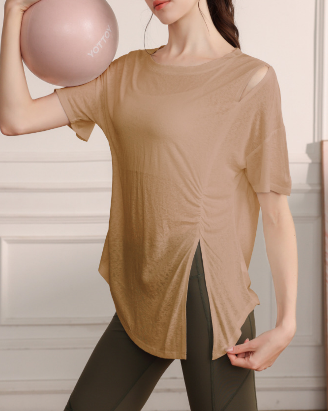 くすみハーフシアーショルダーカットアウトヨガT 3821