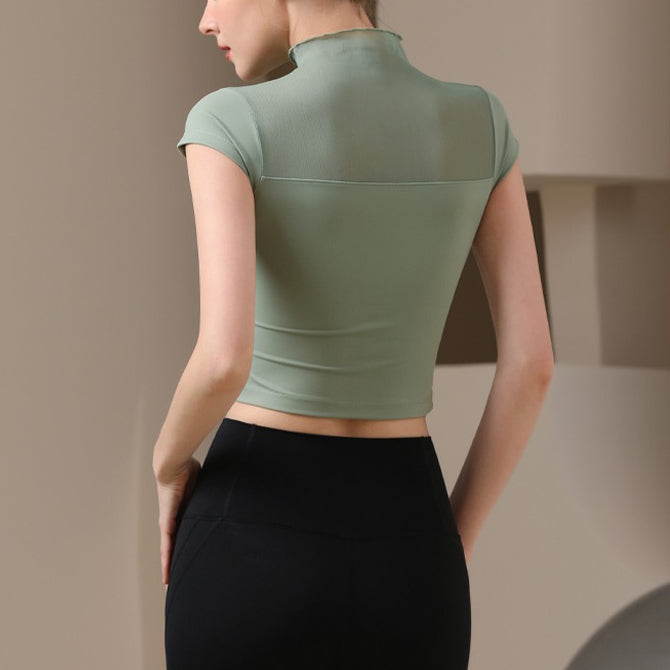High neck decollete sheer yoga top 3023