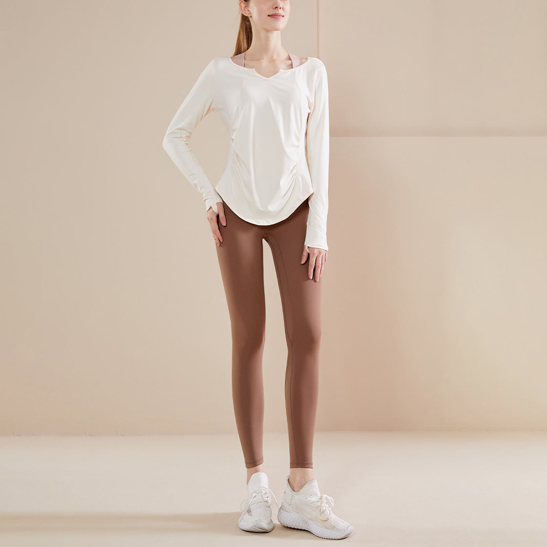 Key neck gathered long cut and sew 3121