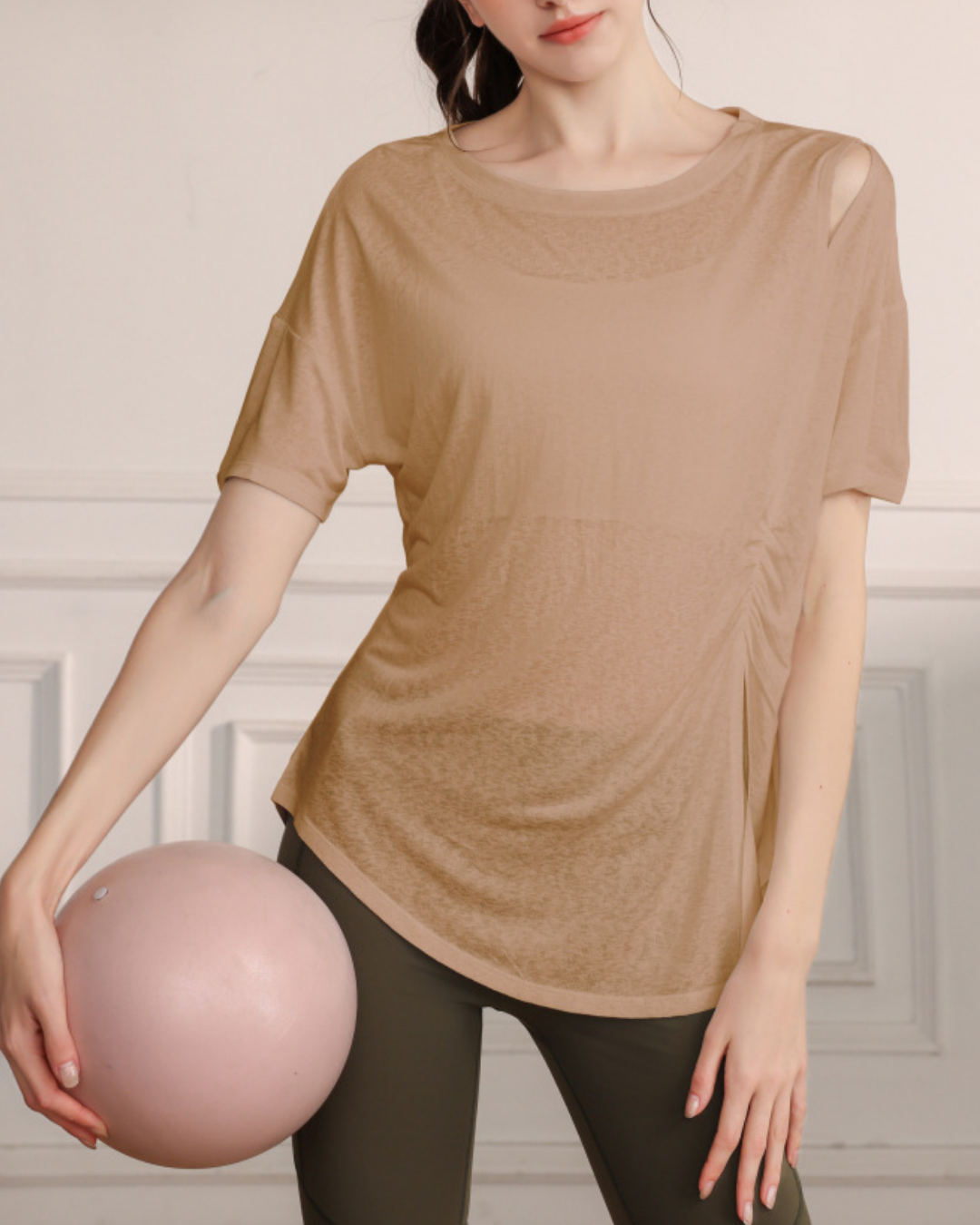 くすみハーフシアーショルダーカットアウトヨガT 3821