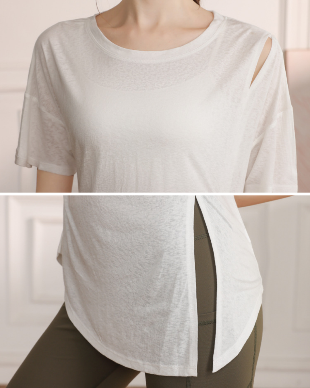 くすみハーフシアーショルダーカットアウトヨガT 3821