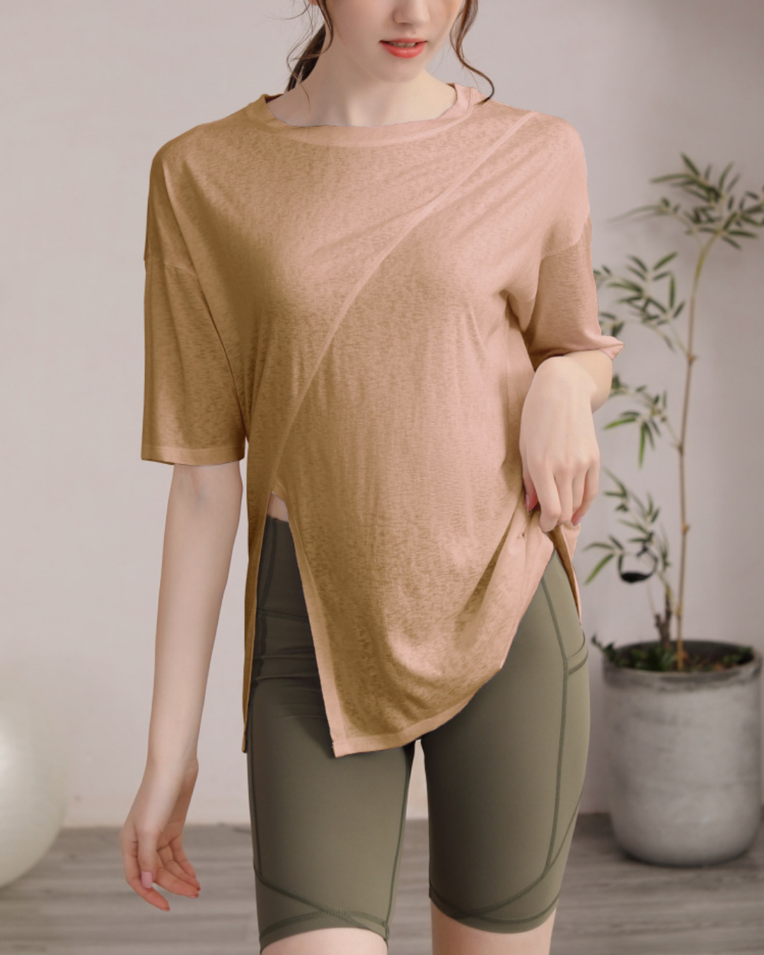 サイドスリットハーフスリーブヨガカットソー 3822