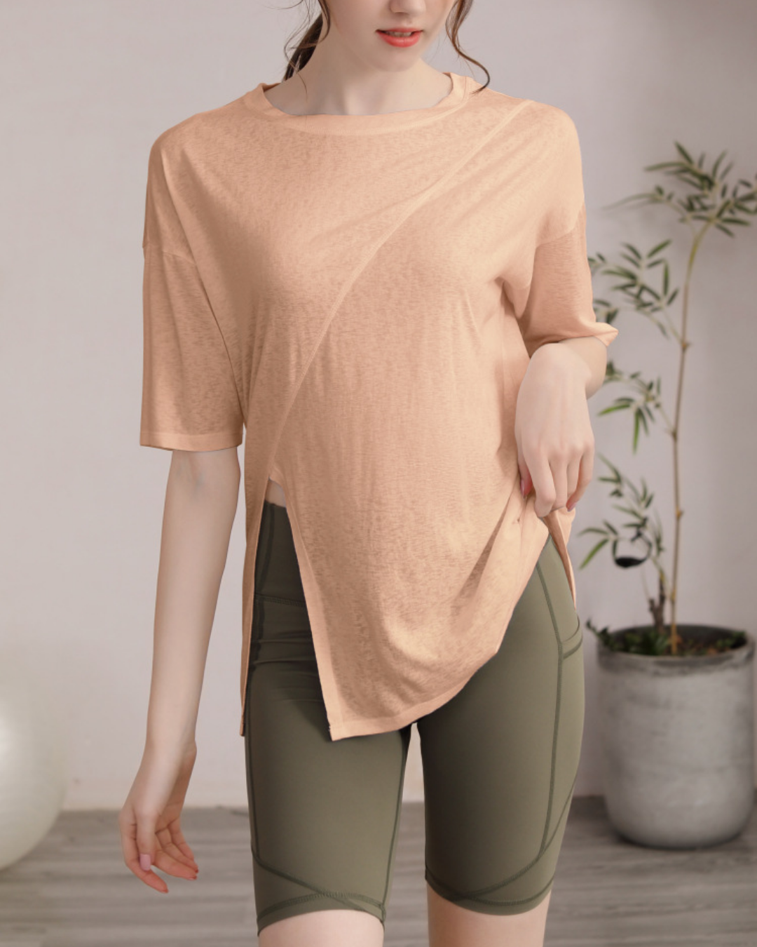 サイドスリットハーフスリーブヨガカットソー 3822