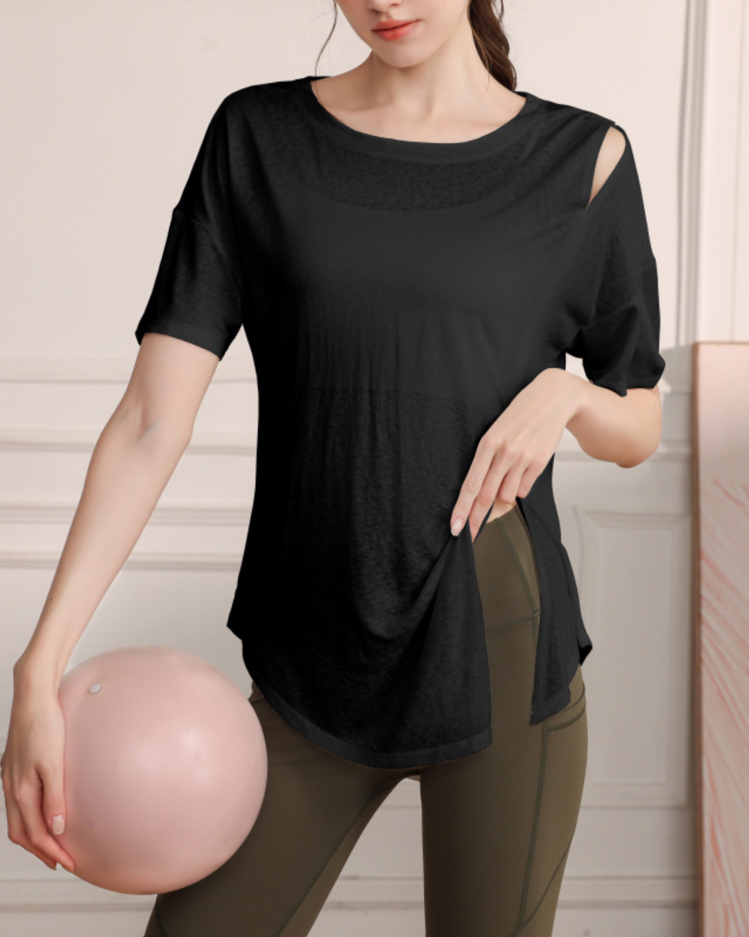 くすみハーフシアーショルダーカットアウトヨガT 3821