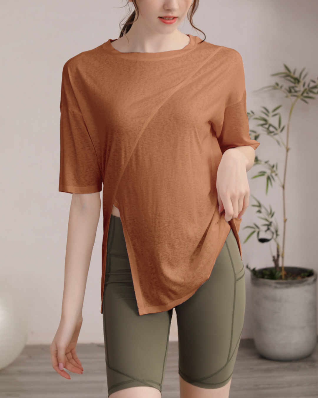 サイドスリットハーフスリーブヨガカットソー 3822