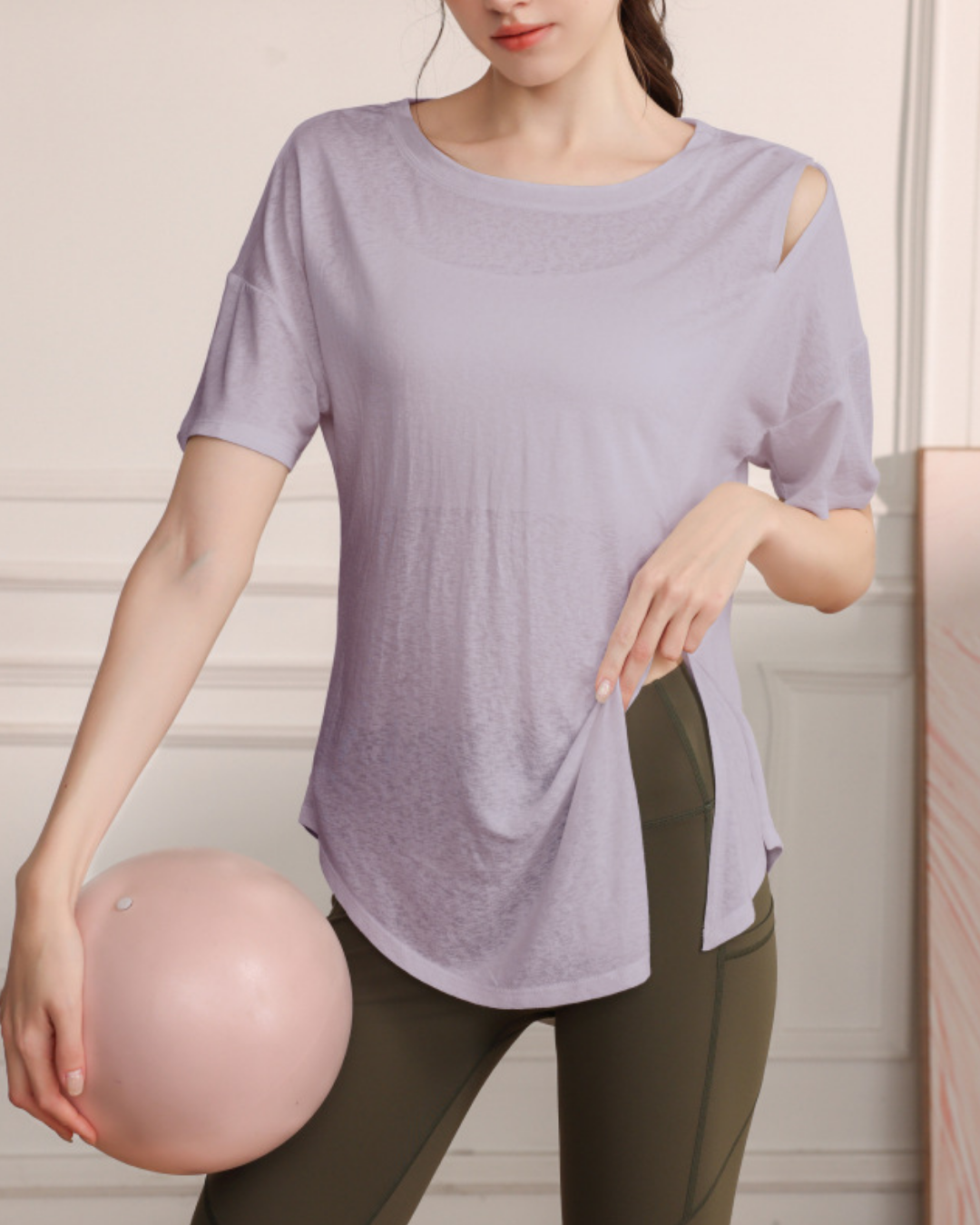 くすみハーフシアーショルダーカットアウトヨガT 3821