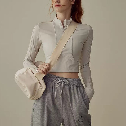 Solid color half zip cropped long sleeve 2826