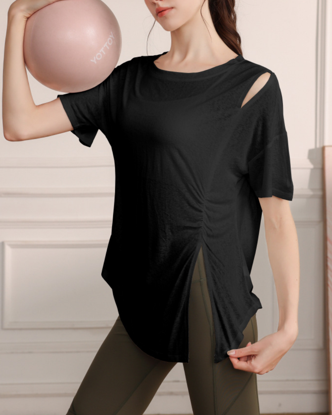 くすみハーフシアーショルダーカットアウトヨガT 3821