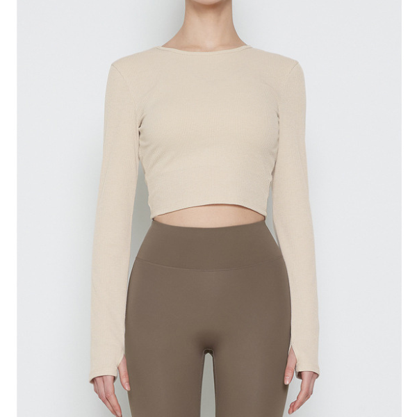 Ribbed back open finger hole long T-shirt 2782