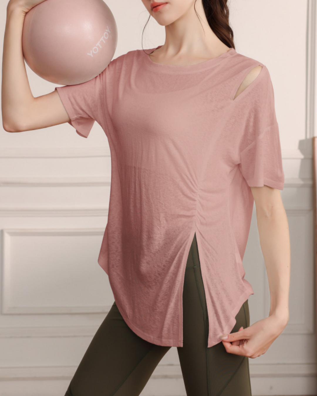 くすみハーフシアーショルダーカットアウトヨガT 3821