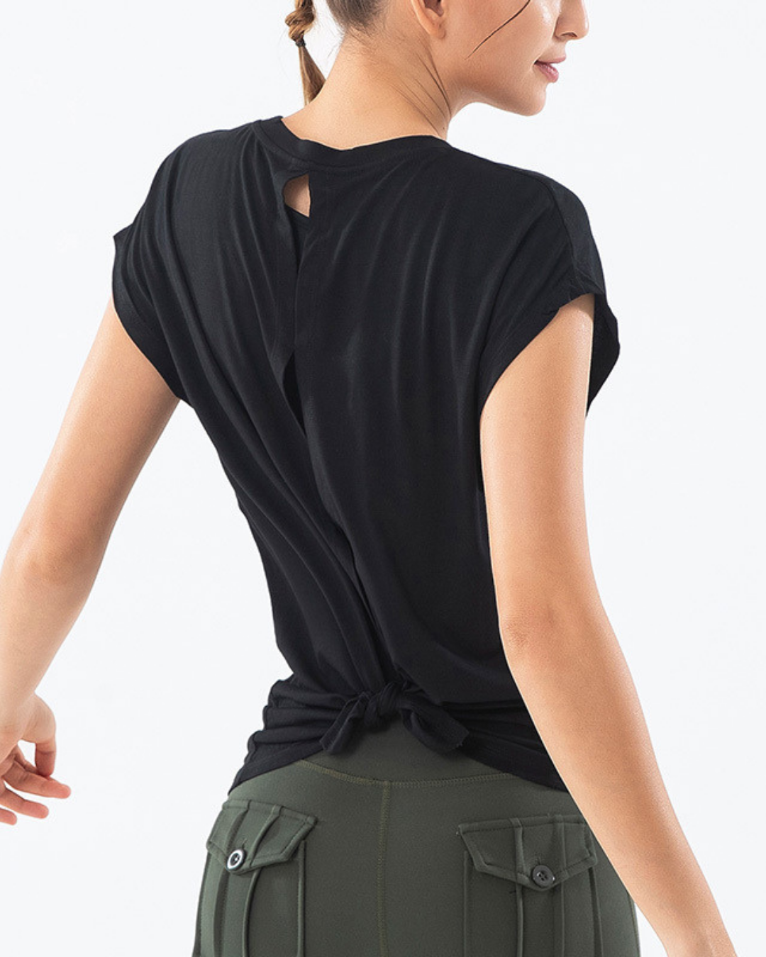 Open back French sleeve yoga T 3032
