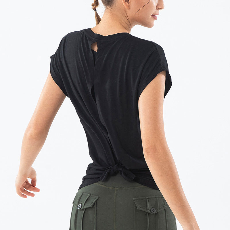 Open back French sleeve yoga T 3032