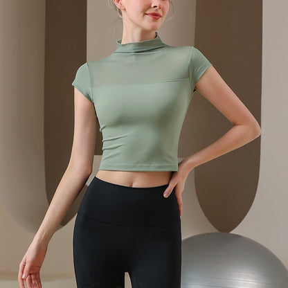 High neck decollete sheer yoga top 3023