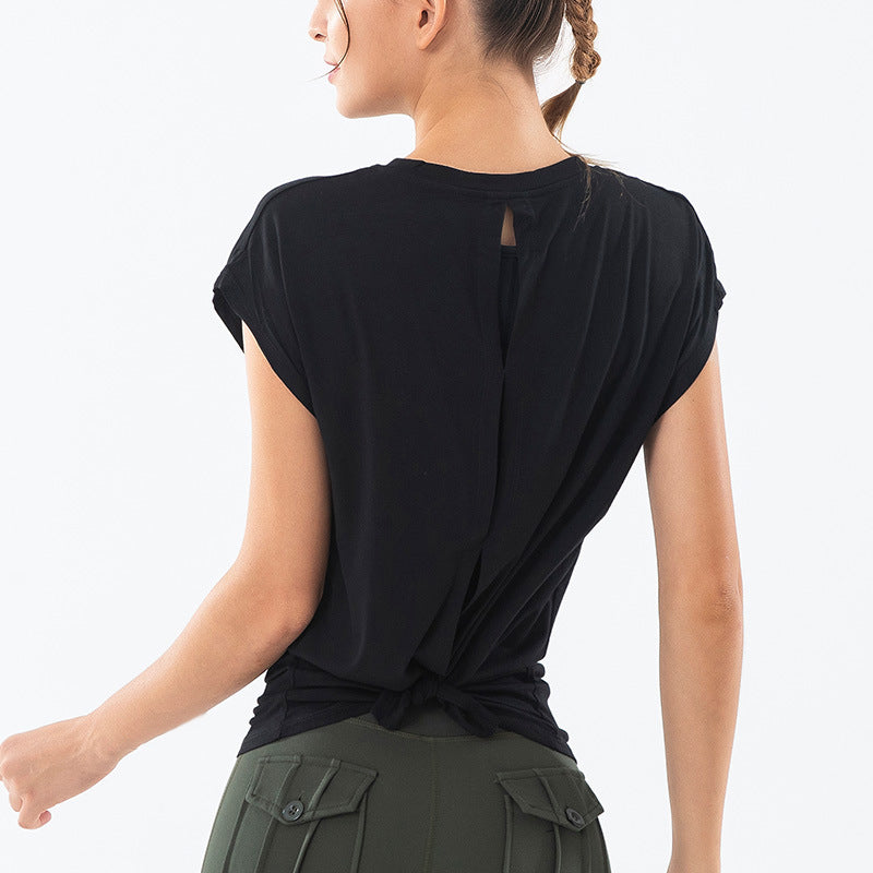 Open back French sleeve yoga T 3032